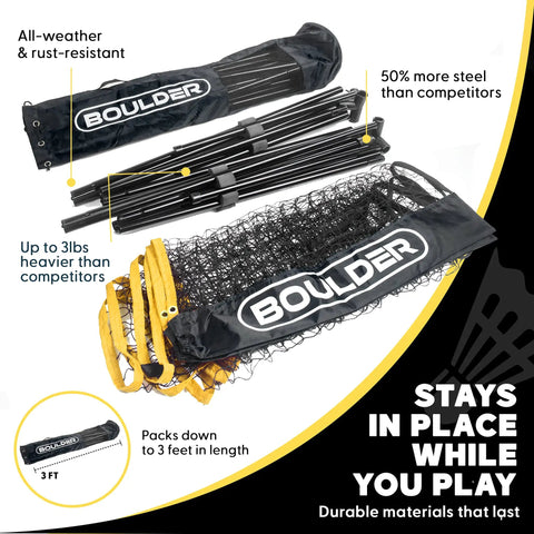 Portable 14 Foot Multi Sport Net For Badminton, Pickleball, Tennis And Soccer Tennis With Foldable And Extendable Poles, Adjustable Height Up To 60 Inches, Easy Setup, Backyard Ready, Black, shown in components including poles and net packaging.