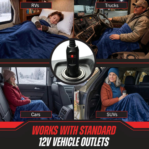 Cozy 12V Heated Car Blanket For Cars Trucks SUVs Or RVs Portable Electric Travel Throw in navy, shown in various vehicles.