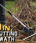 Cordless Weed Trimmer And Edger with 21V power and 13 inch cutting swath in action, cutting dry grass and weeds.