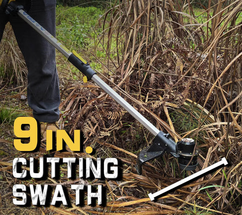Cordless Weed Trimmer And Edger with 21V power and 13 inch cutting swath in action, cutting dry grass and weeds.