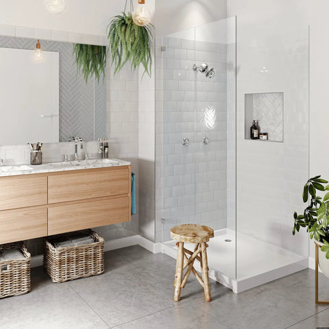 Bathroom with Universal Slim-Line2 Shower Filter With Chlorgon Filtration and brushed nickel finish installed in shower