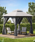 Heavy Duty 8x8 Patio Gazebo For Backyard Hangouts, Double Roof Shelter with mosquito netting and privacy screens in garden