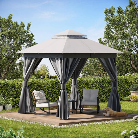Heavy Duty 8x8 Patio Gazebo For Backyard Hangouts, Double Roof Shelter with mosquito netting and privacy screens in garden