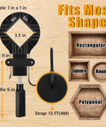 Diagram showing Beefy 13 Ft Woodworking Belt Band Clamps With Quick Release, adjustable for rectangular, square, round frames.