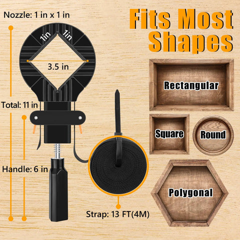Diagram showing Beefy 13 Ft Woodworking Belt Band Clamps With Quick Release, adjustable for rectangular, square, round frames.