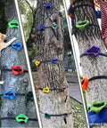 16 Piece Tree Climbing Holds And 6 Piece Ratchet Strap Climber Kit installed on trees, featuring oversized pig nose rock holds.