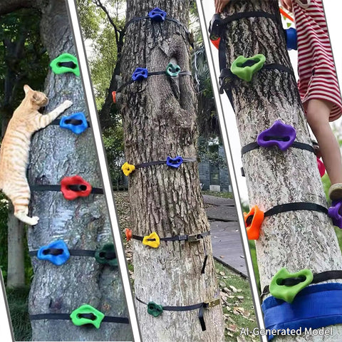 16 Piece Tree Climbing Holds And 6 Piece Ratchet Strap Climber Kit installed on trees, featuring oversized pig nose rock holds.
