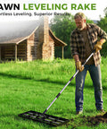 Man using Heavy Duty Stainless Steel Lawn Leveling Rake With 30x10 Inches Head And 76 Inch Adjustable Handle at a farmhouse
