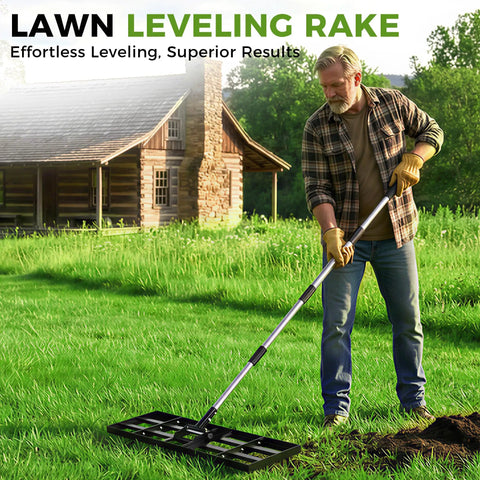 Man using Heavy Duty Stainless Steel Lawn Leveling Rake With 30x10 Inches Head And 76 Inch Adjustable Handle at a farmhouse