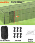 Heavy Duty Baseball Batting Cage Netting 45 Pound PE Net for Backyard or Team Training 55 Foot Length with ropes and repaired mesh