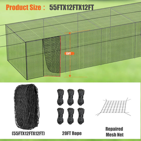 Heavy Duty Baseball Batting Cage Netting 45 Pound PE Net for Backyard or Team Training 55 Foot Length with ropes and repaired mesh