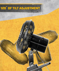 Oscillating Car Fan Built To Keep Your Ride Chill Fast With 12V Socket Power and a heavy duty clip showing 120 degrees of tilt adjustment.