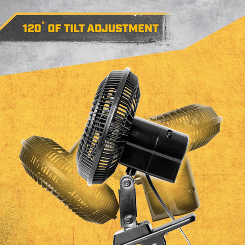 Oscillating Car Fan Built To Keep Your Ride Chill Fast With 12V Socket Power and a heavy duty clip showing 120 degrees of tilt adjustment.