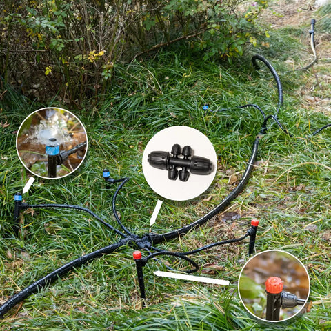 100 Ft Drip Irrigation Kit With Locking Fittings And Sprayers, 360 Degree Fountain And 8 Hole Dripper on garden grass