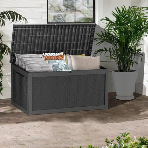 320 Gallon Lockable Resin Deck Box Waterproof And UV Resistant Outdoor Storage Box For Cushions Garden Tools And Pool Accessories Beefy Heavy Duty Weatherproof Black