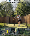Person practicing baseball swing inside 33 Ft Batting Cage With Frame For Baseball Softball And Golf Backyard Practice Cage For Yard Or Field Heavy Duty Polyester Netting With Fiberglass Poles 1.25 Inch Mesh Fully Enclosed Training Space
