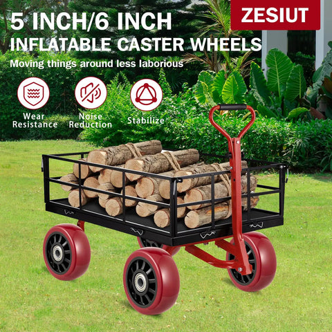 5 Inch Caster Wheels 4 Pack Double Swivel Bearings With Non Marking Poly Tread Tough As Nails Build on a cart carrying logs outdoors.