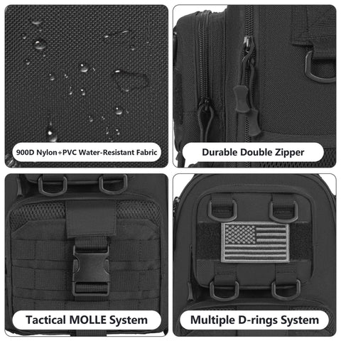 Close-up of Dope Fishing Sling Backpack With Rod Holder And Gear Organizer, showing water-resistant fabric and multiple compartments.