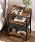Nightstand With Charging Station And USB Ports, Bedside Table With Adjustable Fabric Drawer, 3 Tier Storage End Table For Bedroom And Living Room in rustic brown and black finish with items on top.