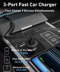 90W Fast USB C Car Charger With 3 Ports And 4ft Coiled Cable for 17e 17 16 15 Pro Max Air Plus and iPad in car console