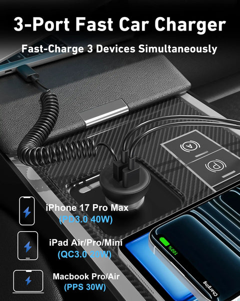 90W Fast USB C Car Charger With 3 Ports And 4ft Coiled Cable for 17e 17 16 15 Pro Max Air Plus and iPad in car console