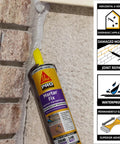 Mortar Fix Go-To Sealant in 10.1 oz cartridge, limestone color, used on mortar joints and gaps on rough stucco surface.