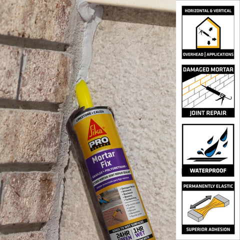 Mortar Fix Go-To Sealant in 10.1 oz cartridge, limestone color, used on mortar joints and gaps on rough stucco surface.