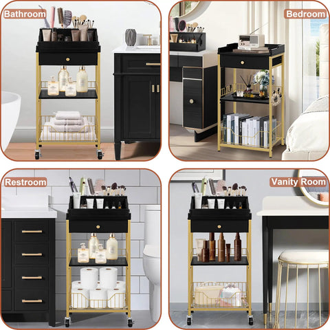 Large Makeup Organizer Cart With Hair Tool Holder Rolling Vanity Cart On Wheels With Drawer 2 In 1 Modular System Cosmetic Display Case For Skin Care Perfume Nail Polish And Tools Gold And Black in various room settings.