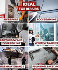 Butyl Sealing Tape One Eighth Inch By Three Fourth Inch By Thirty Foot Black EDPM Butyl Putty Sealant For RV Windows Boat And Marine Projects DIY Friendly Weatherproof And Water Resistant showing various uses like RV repairs, roof seaming, and plumbing leak fixing.