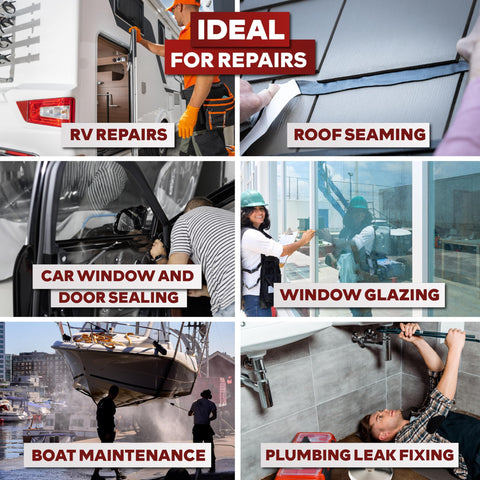 Butyl Sealing Tape One Eighth Inch By Three Fourth Inch By Thirty Foot Black EDPM Butyl Putty Sealant For RV Windows Boat And Marine Projects DIY Friendly Weatherproof And Water Resistant showing various uses like RV repairs, roof seaming, and plumbing leak fixing.