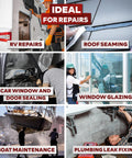 Collage of RV, roof, car, window, boat, and plumbing repairs using Butyl Tape Sealant For RV And Boat Repair Three Quarters Inch By Forty Five Feet One Eighth Inch Thick EPDM Rubber SelfAdhesive Leak Proof Patching Tape For Roofs Windows Seams Marine And Auto Weatherproofing.