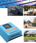 Beefed Up 100A MPPT Solar Charge Controller With LCD Display shown with various solar setups on boats, cabins, and homes.