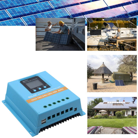 Beefed Up 100A MPPT Solar Charge Controller With LCD Display shown with various solar setups on boats, cabins, and homes.