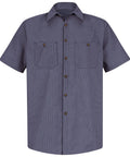 Straight Up Heavy Duty Men's Short Sleeve Work Shirt In Blue And Charcoal Industrial Stripe, Built Tough With Moisture Wicking Durable Press Fabric And Secure Button Thru Pockets For The Daily Grind Crew, front view with button pockets.
