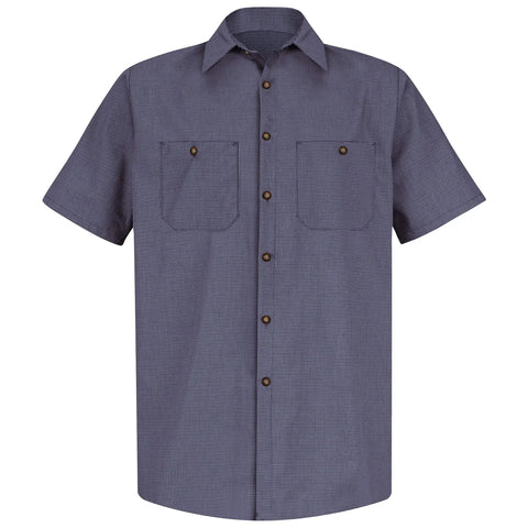 Straight Up Heavy Duty Men's Short Sleeve Work Shirt In Blue And Charcoal Industrial Stripe, Built Tough With Moisture Wicking Durable Press Fabric And Secure Button Thru Pockets For The Daily Grind Crew, front view with button pockets.
