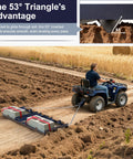 ATV towing 6 Foot Drag Harrow Driveway Grader Heavy Duty Tow Behind Landscape Rake leveling soil in a field