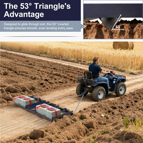 ATV towing 6 Foot Drag Harrow Driveway Grader Heavy Duty Tow Behind Landscape Rake leveling soil in a field