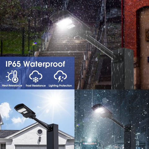 Ultra Bright 300W Solar Street Lights Outdoor With 112 LEDs showing IP65 waterproof feature in various weather conditions