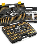 86 Piece Pro Grade SAE And Metric Tap And Die Set With Holders And Gauges For Internal And External Threading M3 To M16 Coarse And Fine Threads Rethreading Tool Kit For Mechanics And DIYers in open case showing contents