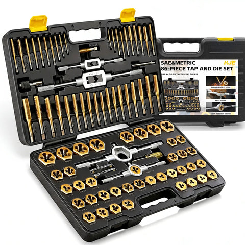 86 Piece Pro Grade SAE And Metric Tap And Die Set With Holders And Gauges For Internal And External Threading M3 To M16 Coarse And Fine Threads Rethreading Tool Kit For Mechanics And DIYers in open case showing contents