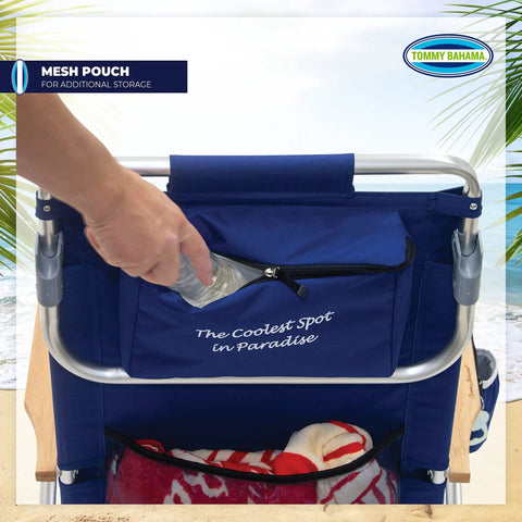 Lay Flat Five Position Backpack Beach Chair with mesh pouch and easy adjustments in navy for beach days.
