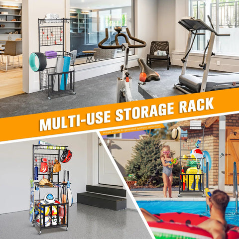 Ball Storage Rack For Garage, ultra handy multi function sports gear organizer with movable hooks, side bat rack and three tier shelf
