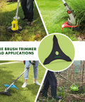 Four images of wire brush trimmer head applications, including trimming grass and thick brush with 10 Inch 3 Tooth Brush Cutter Blades.