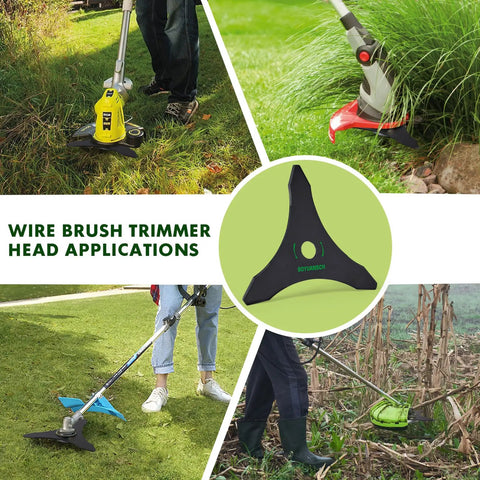 Four images of wire brush trimmer head applications, including trimming grass and thick brush with 10 Inch 3 Tooth Brush Cutter Blades.