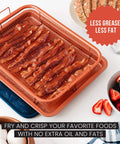 Copper Air Fryer Tray Set For Oven And Toaster Oven, 2 Piece Basket And Baking Pan with crispy bacon on mesh crisper