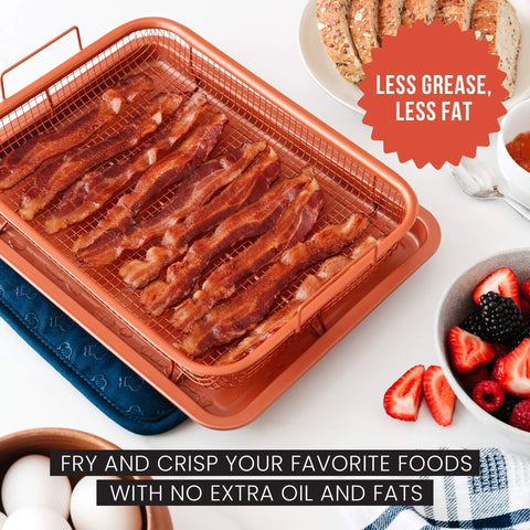 Copper Air Fryer Tray Set For Oven And Toaster Oven, 2 Piece Basket And Baking Pan with crispy bacon on mesh crisper