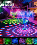 Floating LED Pool Fountain With Remote And 8000mAh Battery illuminating pool at night with vibrant light patterns and water spray