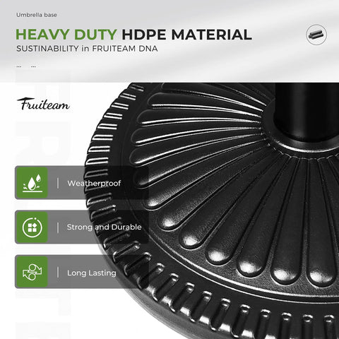 Close-up of 15 Inch Round Patio Umbrella Base Pre Filled 23 Lb Heavy Duty Stand Sunflower Pattern Black Outdoor Poolside Weatherproof HDPE