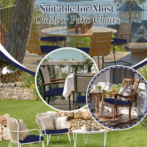 Ultra Comfort Outdoor Chair Cushions 19x19 Set Of 4 Navy Blue Waterproof Seats With Ties And Handle on patio furniture, all-weather use.