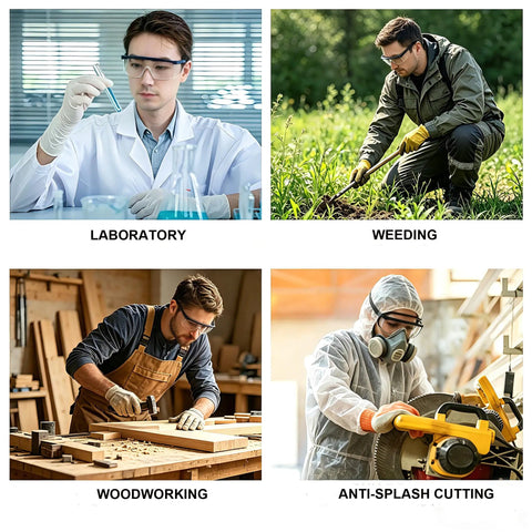 Heavy Duty Anti Fog Safety Glasses With Legit Clear Polycarbonate Lenses and Adjustable Temple Arms in laboratory, weeding, woodworking, and anti-splash cutting.